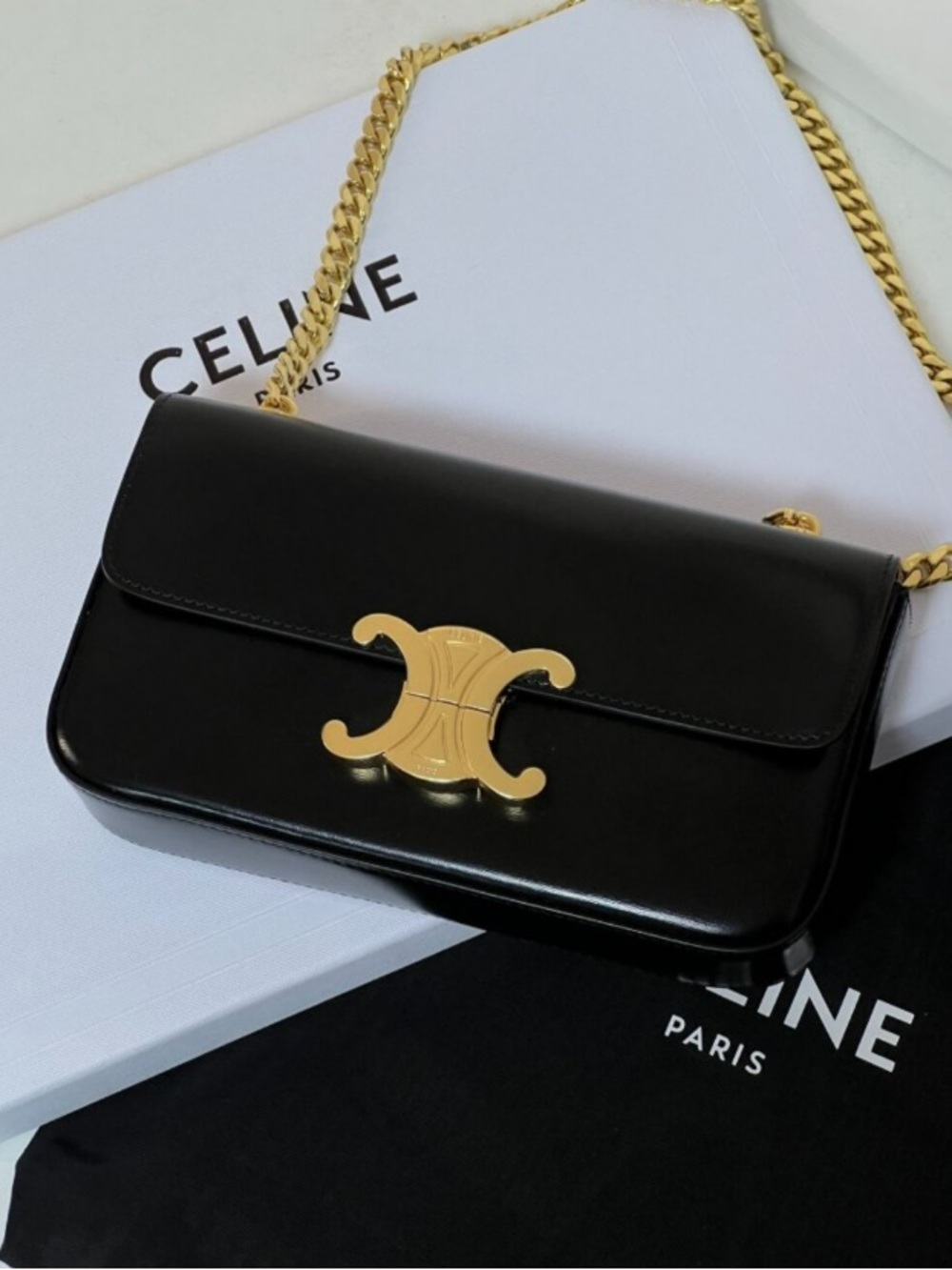CELINE Black Leather Shoulder Bag with Gold Hardware